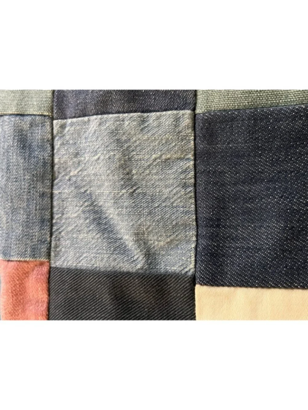 Unfinished Quilt Top Handmade Patchwork Denim Cutter Fixer Distressed 74”x60”